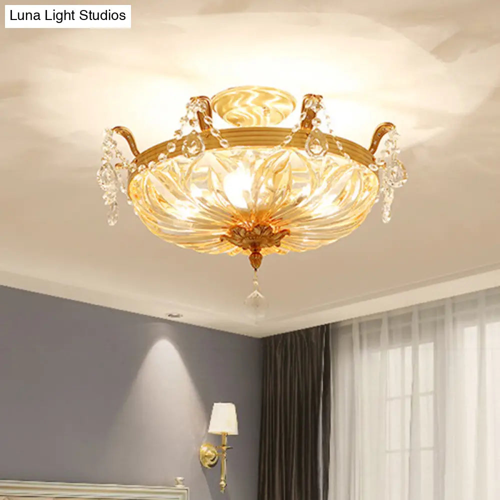 Vintage Brass Semi Flush Mount Ceiling Light with Amber Glass - 5-Light Shaded Flush Lighting for Living Room