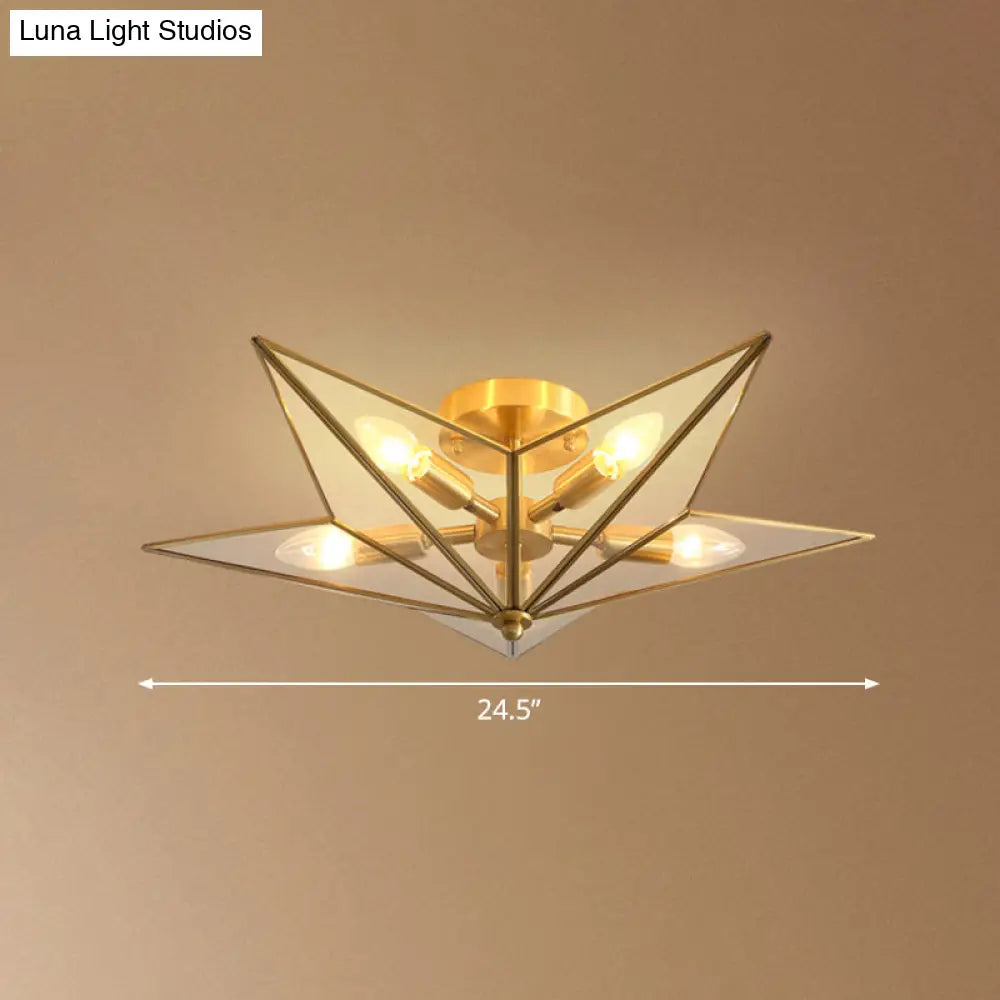 Vintage Brass Semi Flush Mount Ceiling Light with Amber Glass - 5-Light Shaded Flush Lighting for Living Room