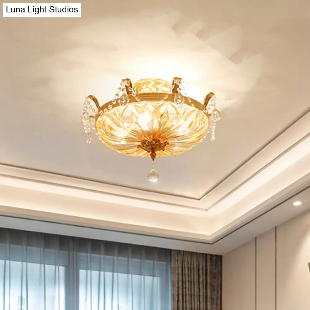 Vintage Brass Semi Flush Mount Ceiling Light with Amber Glass - 5-Light Shaded Flush Lighting for Living Room