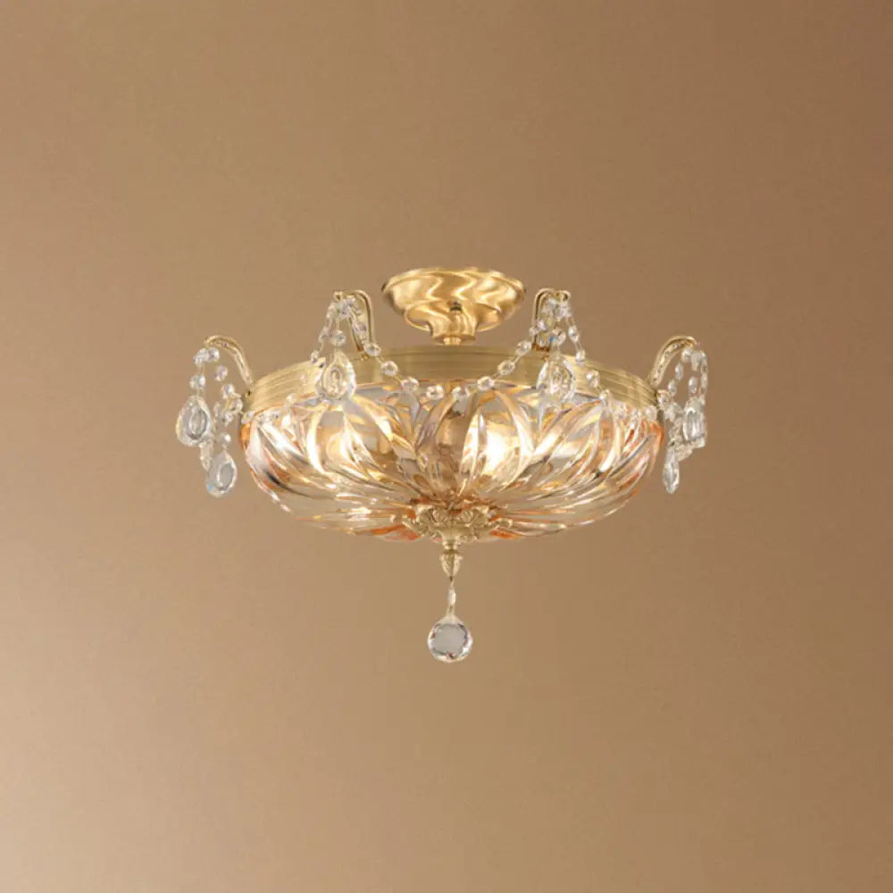 Vintage Brass Semi Flush Mount Ceiling Light with Amber Glass - 5-Light Shaded Flush Lighting for Living Room