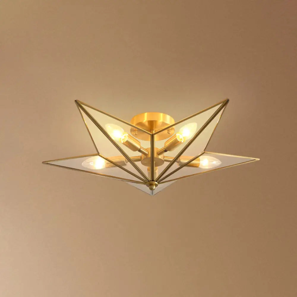 Vintage Brass Semi Flush Mount Ceiling Light with Amber Glass - 5-Light Shaded Flush Lighting for Living Room