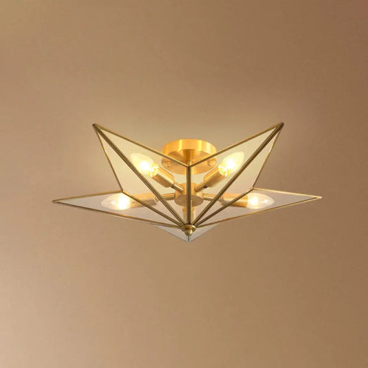 Vintage Brass Semi Flush Mount Ceiling Light with Amber Glass - 5-Light Shaded Flush Lighting for Living Room