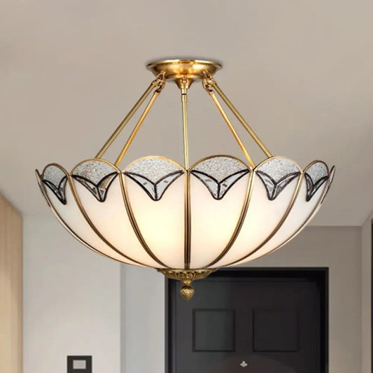 Vintage Brass Semi-Flush Mount Umbrella-Like Light with Milky Glass - 4 Heads