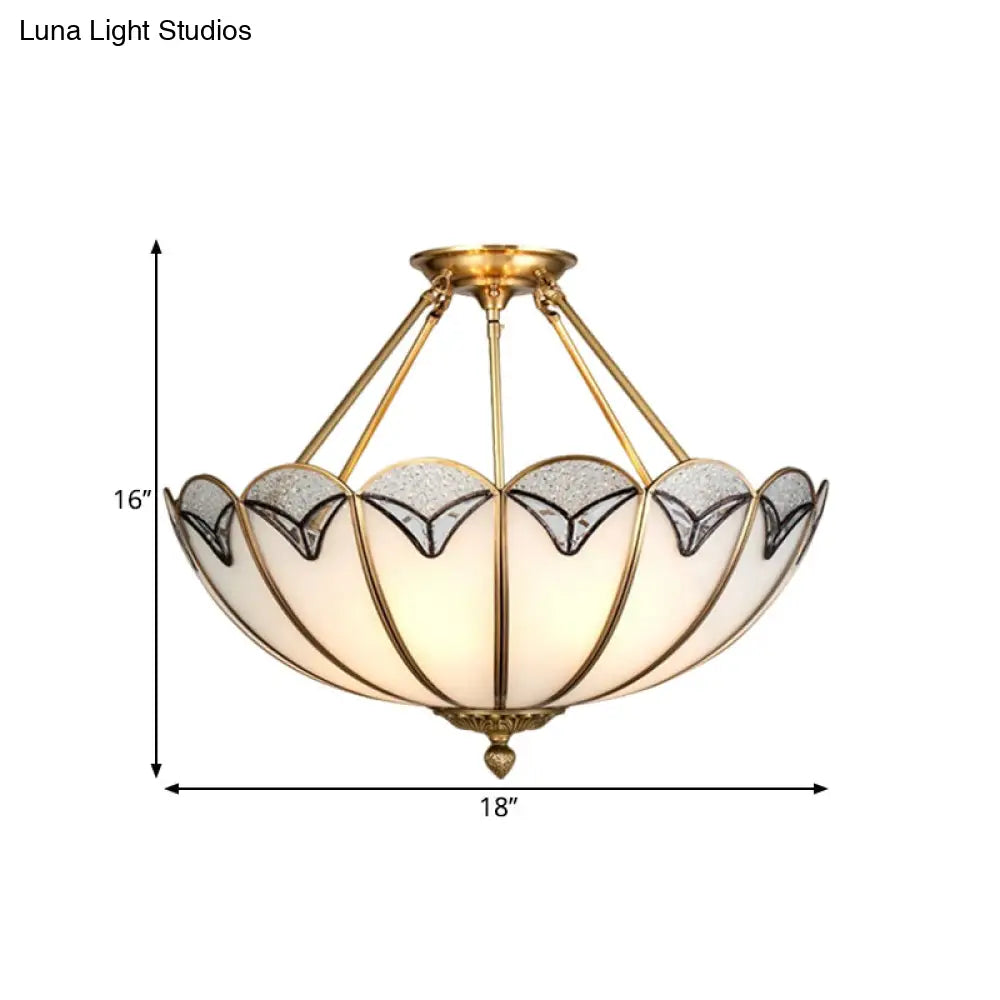 Vintage Brass Semi-Flush Mount Umbrella-Like Light with Milky Glass - 4 Heads