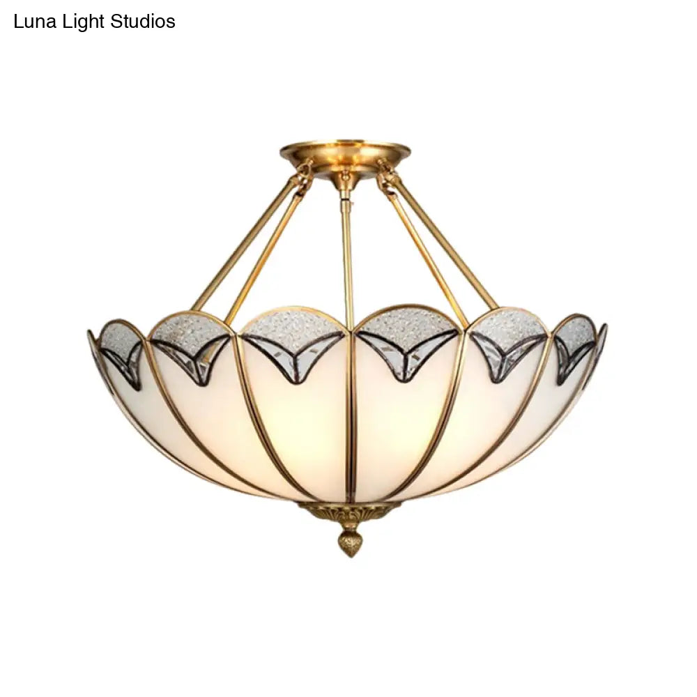 Vintage Brass Semi-Flush Mount Umbrella-Like Light with Milky Glass - 4 Heads