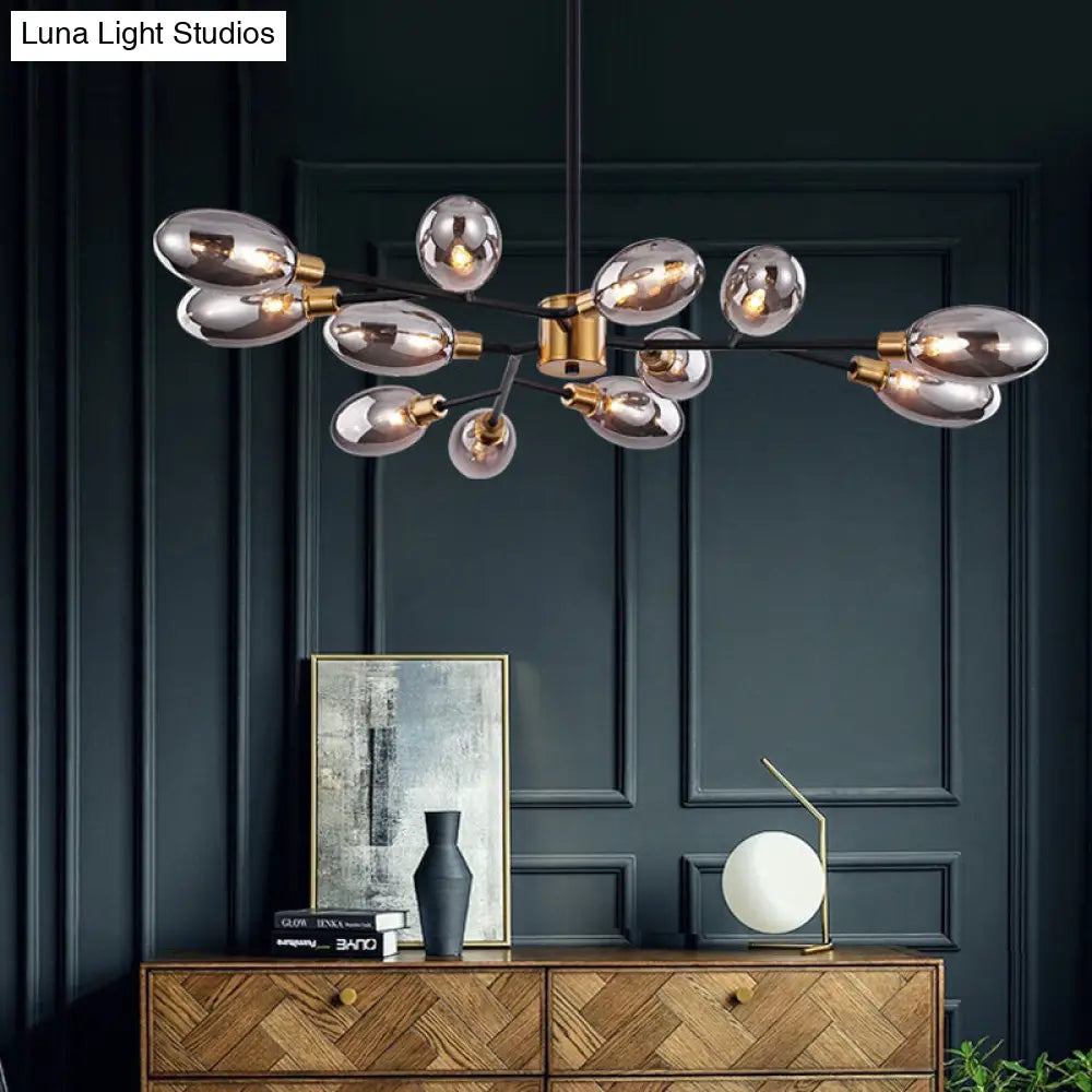 Vintage Brass Semi Mount Close to Ceiling Light with Smoke Grey Glass Shade - 12-Bulb Parlor Lighting