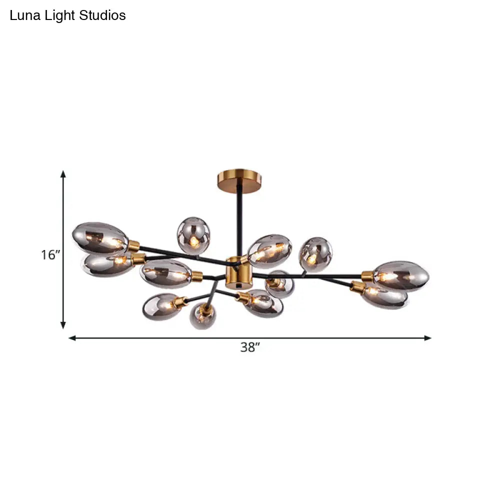 Vintage Brass Semi Mount Close to Ceiling Light with Smoke Grey Glass Shade - 12-Bulb Parlor Lighting