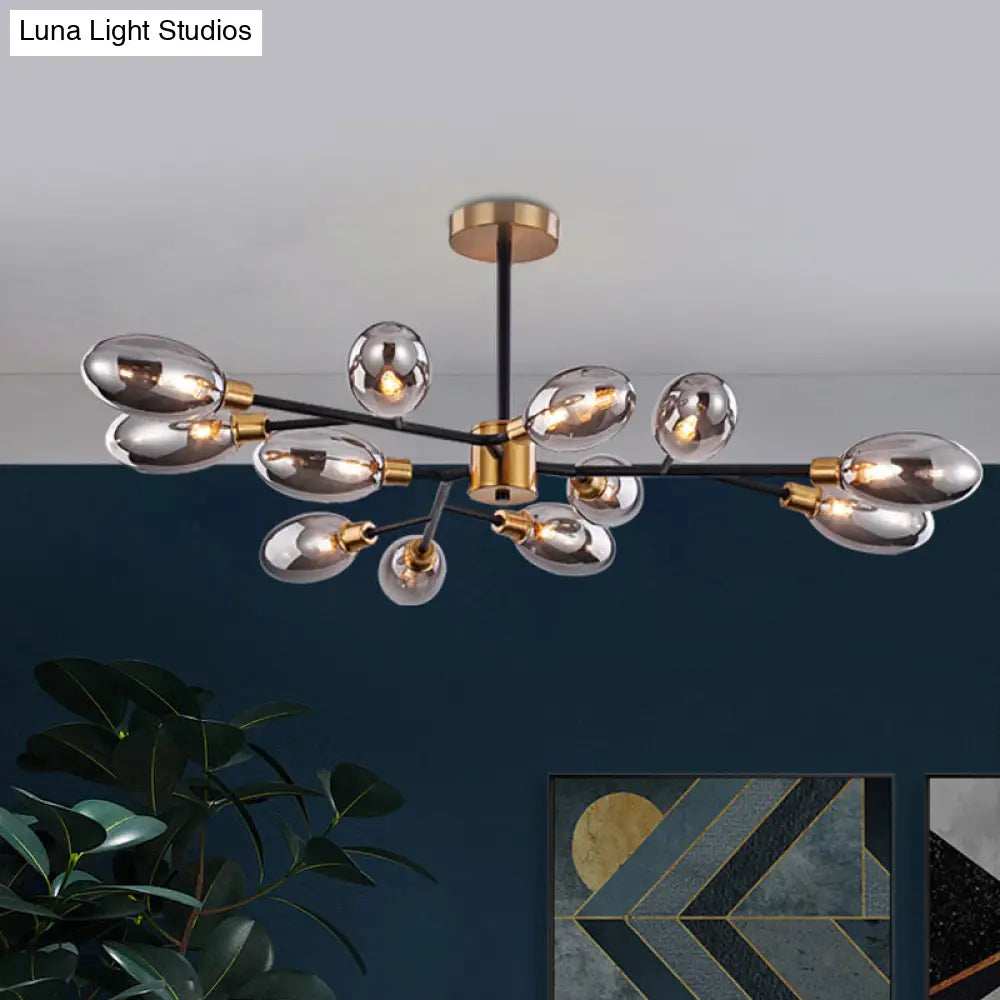 Vintage Brass Semi Mount Close to Ceiling Light with Smoke Grey Glass Shade - 12-Bulb Parlor Lighting