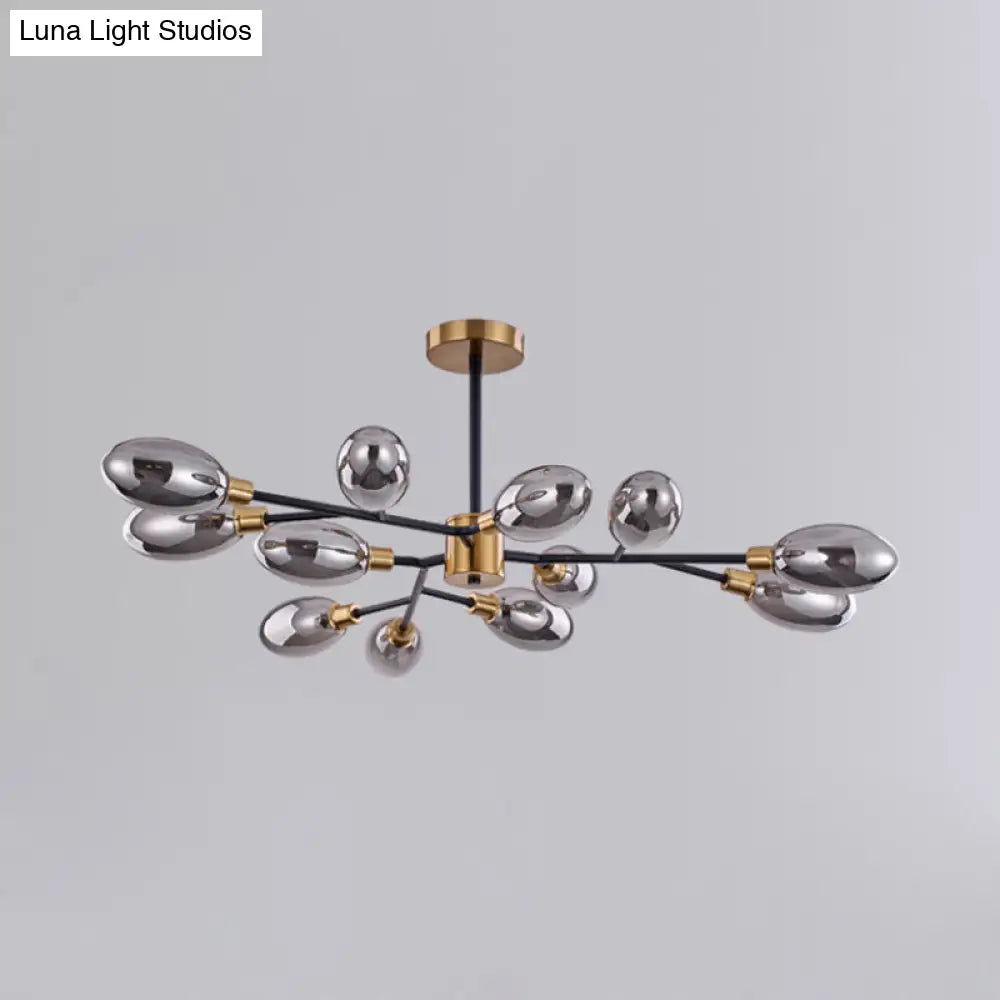 Vintage Brass Semi Mount Close to Ceiling Light with Smoke Grey Glass Shade - 12-Bulb Parlor Lighting