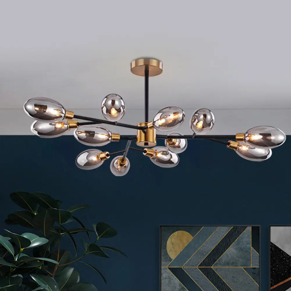 Vintage Brass Semi Mount Close to Ceiling Light with Smoke Grey Glass Shade - 12-Bulb Parlor Lighting