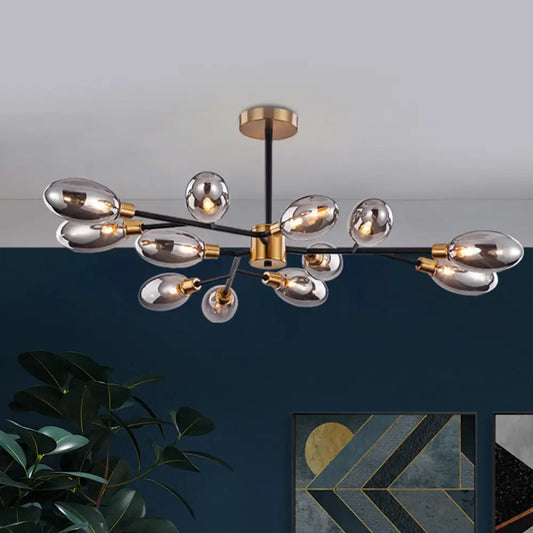 Vintage Brass Semi Mount Close to Ceiling Light with Smoke Grey Glass Shade - 12-Bulb Parlor Lighting