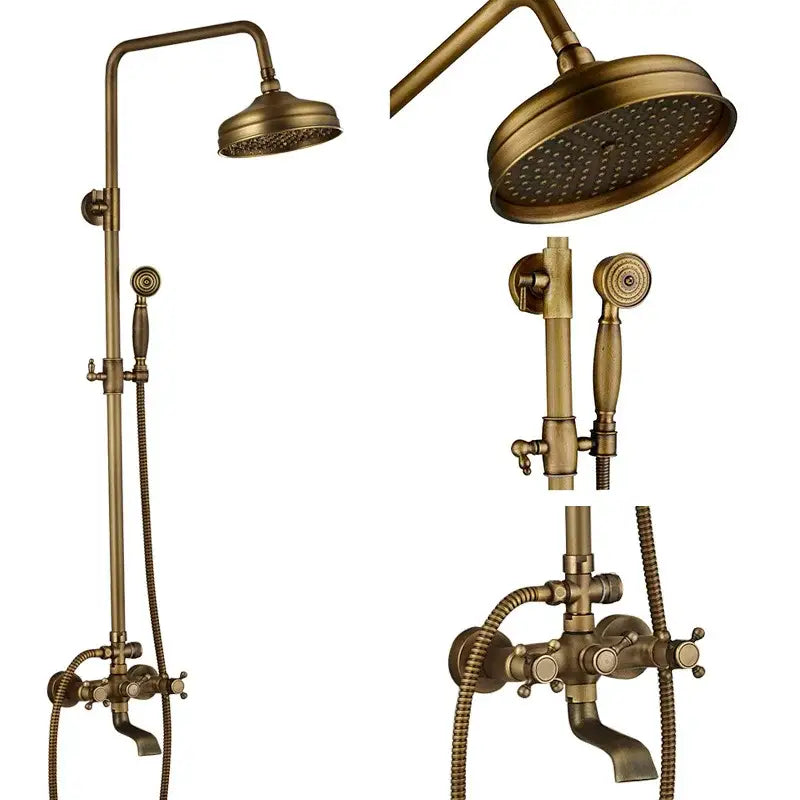 Antique brass-finished vintage shower faucet mixer set with rainfall head handheld spray and wall-mounted valve assembly