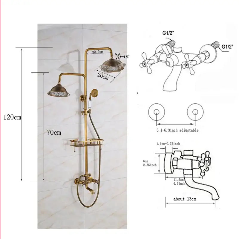 Vintage brass shower faucet mixer set with double handles rainhead handheld spray and adjustable shelf in brass finish