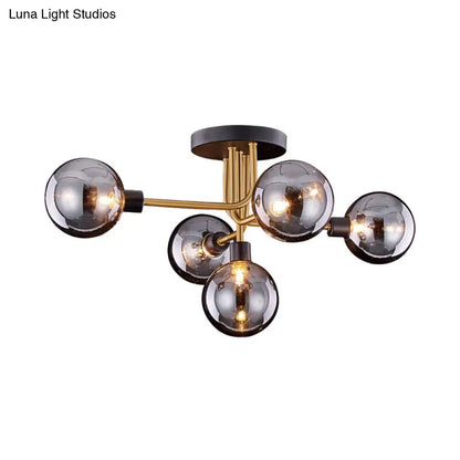 Vintage Brass Smoke Glass Kitchen Ceiling Fixture - Retro Semi Flush Mount Light with 5 Bulbs