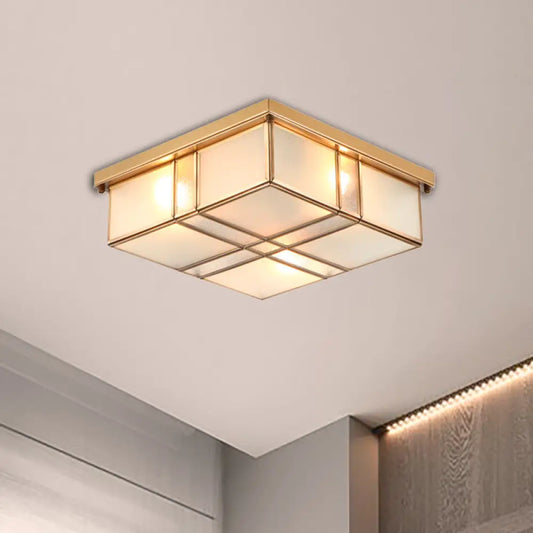 Vintage Brass Square Bedroom Ceiling Light with Frosted Glass - 3/4 Lights Flush Mount Fixture
