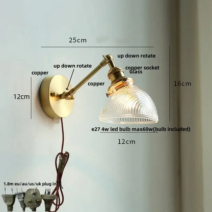 Vintage brass swing arm wall light fixture with adjustable ribbed glass shade ideal for bedroom wall light use