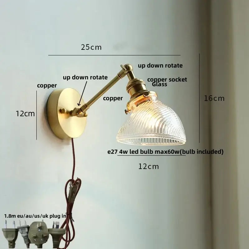 Vintage brass swing arm wall light fixture with adjustable ribbed glass shade ideal for bedroom wall light use