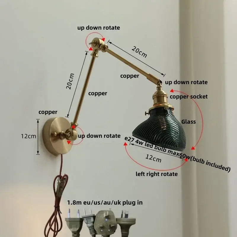 Adjustable copper vintage brass swing arm wall light fixture with dark green ribbed glass shade for bedroom use