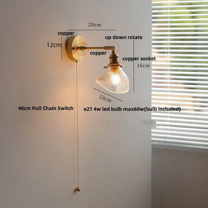 Copper vintage brass wall light fixture with textured glass shade and up-down rotating swing arm for bedroom use