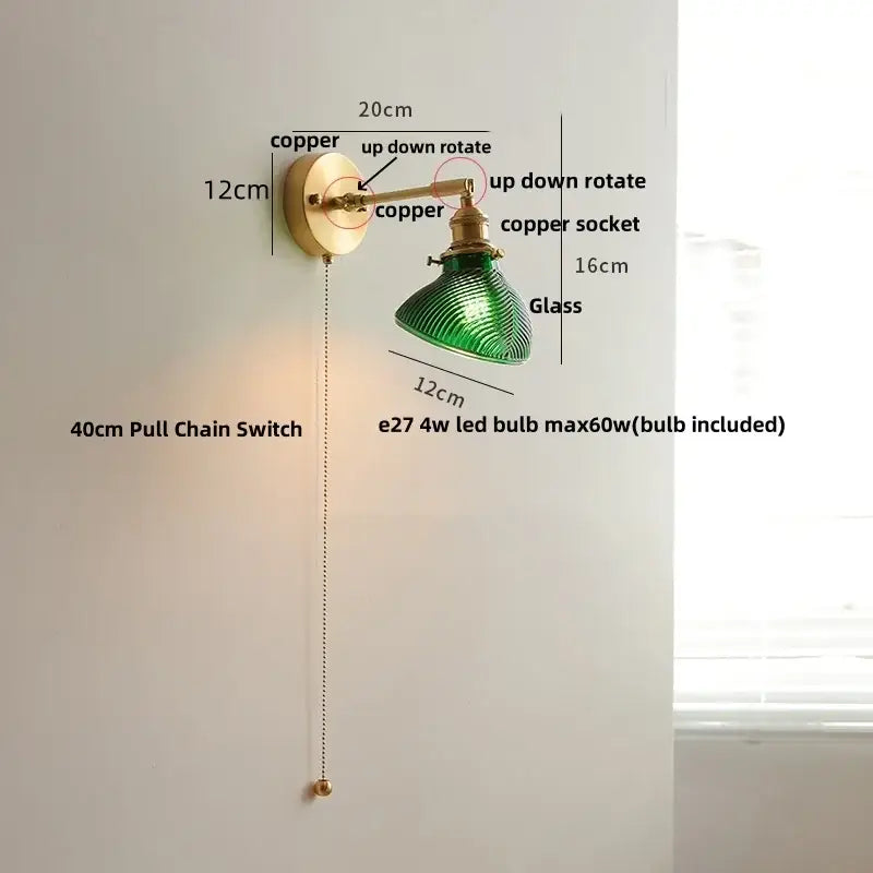 Vintage brass swing arm wall light fixture with green glass lamp copper finish and pull chain switch for bedroom use
