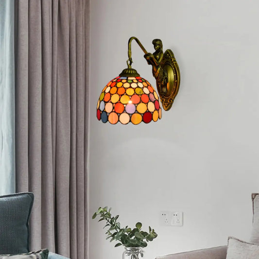 Vintage Brass Tiffany Stained Glass Wall Sconce with Multicolor Dome Light