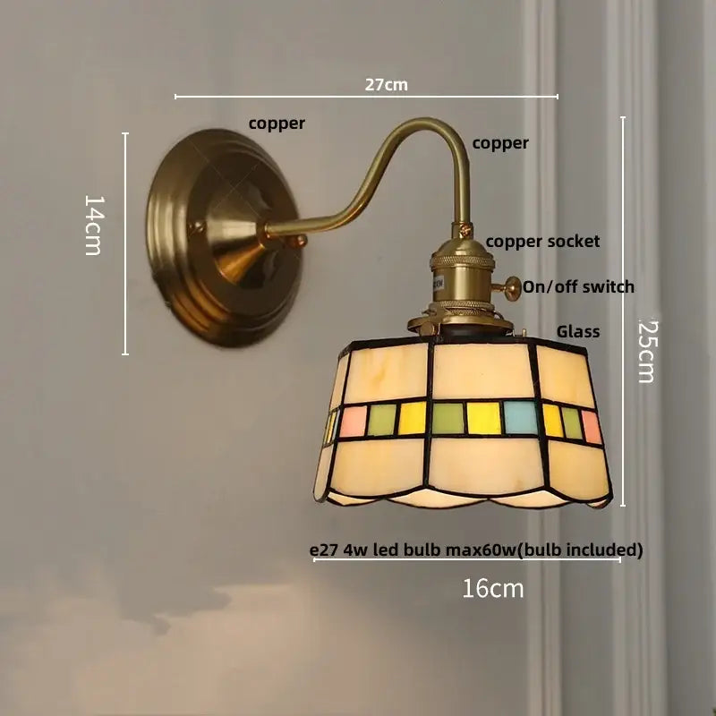 Vintage brass tulip cube led wall lamp with copper antique-style sconce and stained glass shade for living room decorbites cube led