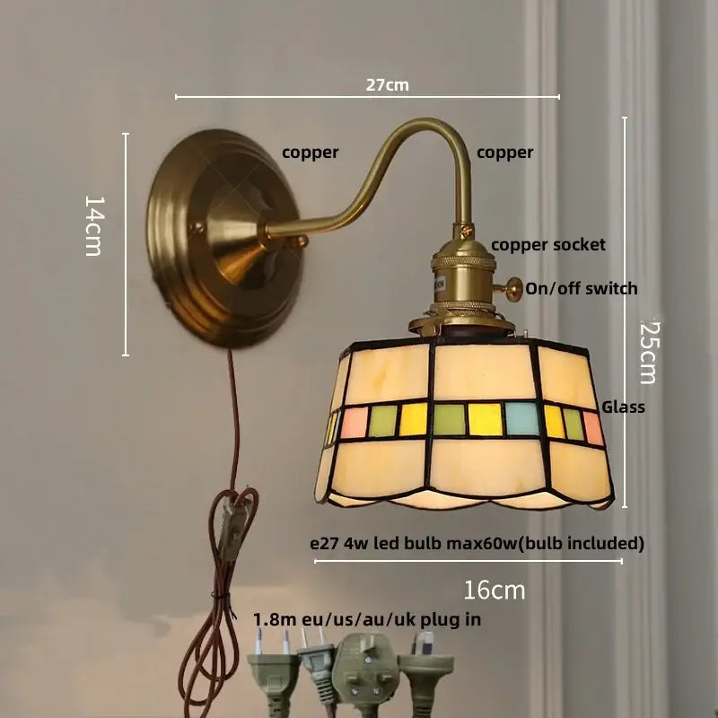Vintage brass tulip cube led wall lamp with antique brass copper sconce and stained glass geometric shade decorbites cube led