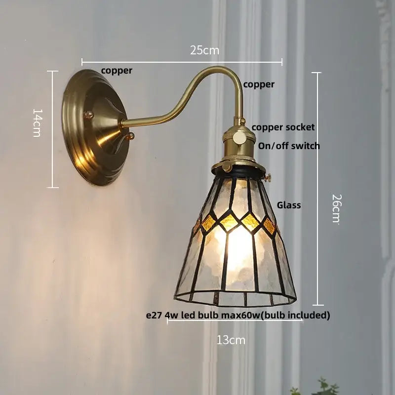 Vintage brass tulip cube led wall lamp with antique brass copper sconce and stained glass geometric shade decorbites cube led