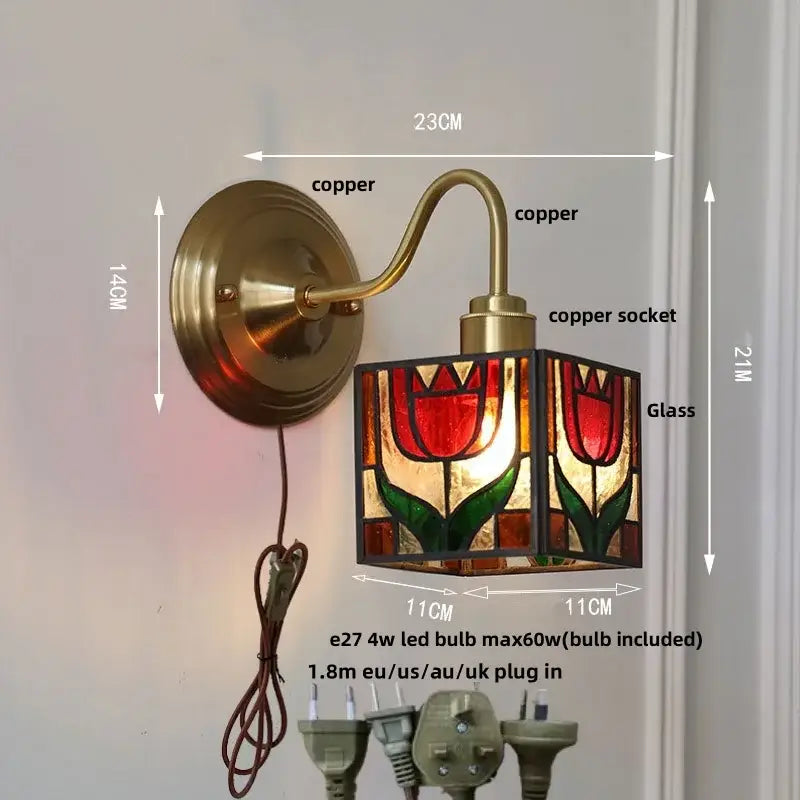 Vintage brass tulip cube led wall lamp with copper stained glass tulip design for elegant living room decorbites cube led