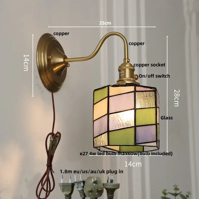 Vintage brass tulip cube led wall lamp with copper-finished sconce and pastel stained glass shade for decorbites cube led wall decor