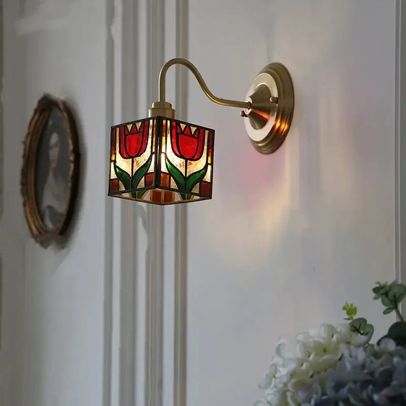 Vintage brass tulip cube led wall lamp with a square stained glass shade featuring red tulips for decorbites cube led wall use