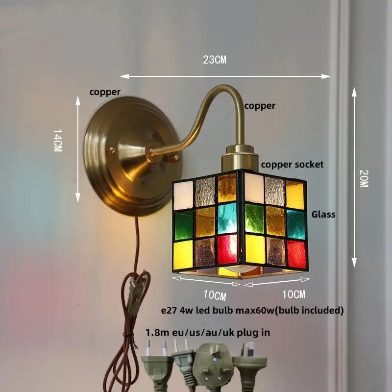 Copper wall lamp with vintage brass tulip design and colorful stained glass cube led shade for living room decorbites cube led