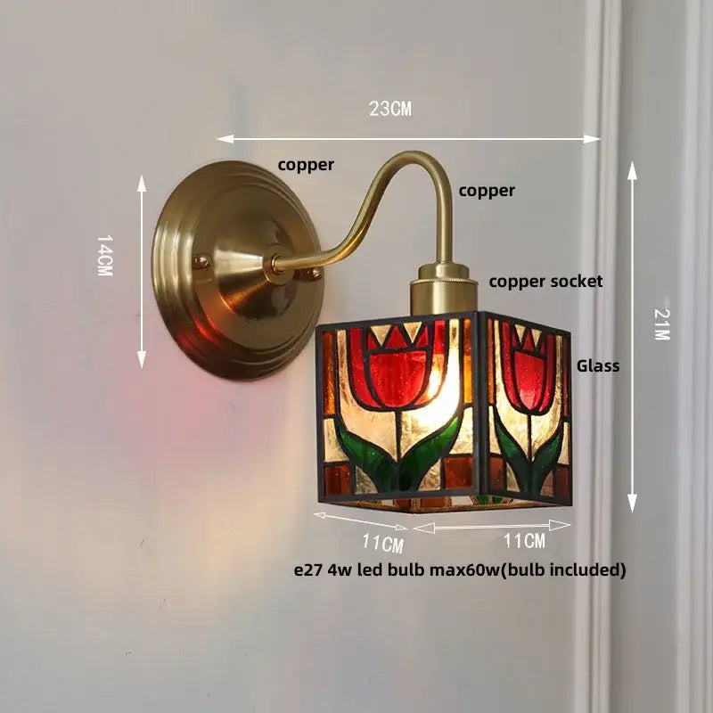 Vintage brass tulip cube led wall lamp with copper finish and square stained glass shade for living room decorbites cube led