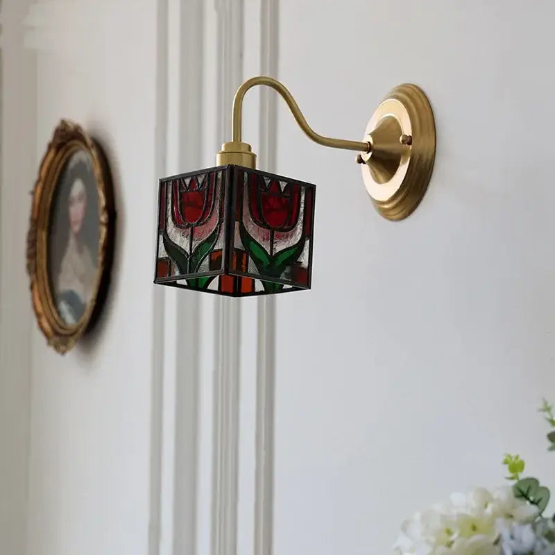 Vintage brass tulip cube led wall lamp with stained glass shade featuring red tulips for living room decorbites cube led wall