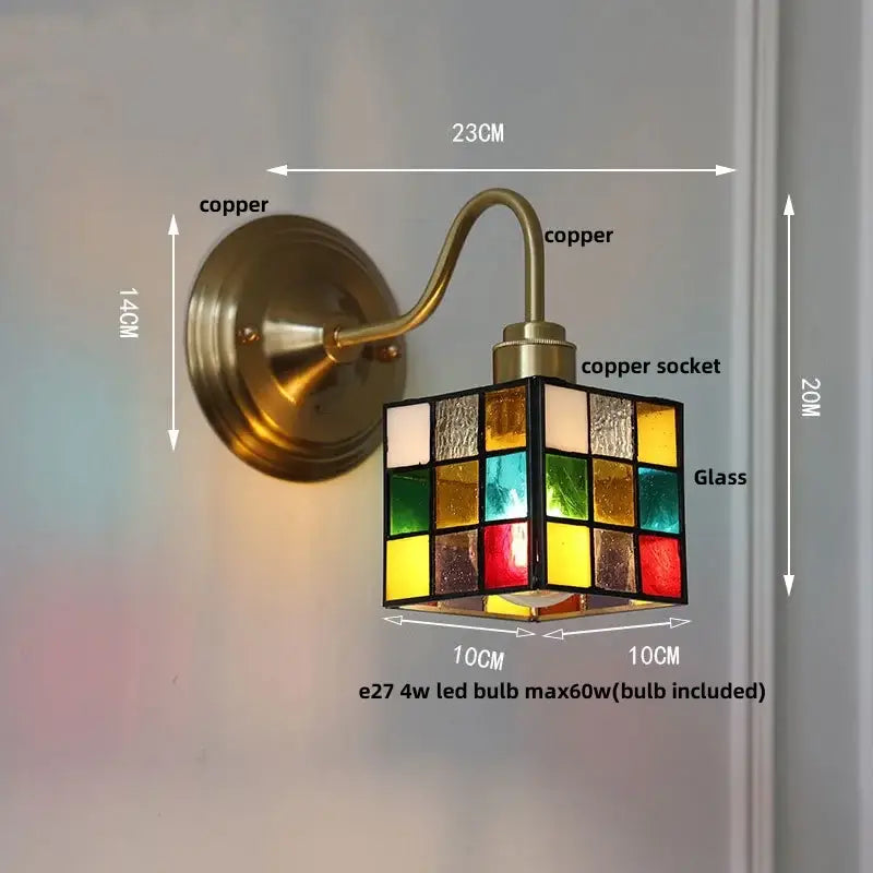 Copper-finished vintage brass tulip cube led wall lamp with colorful stained glass shade for living room decorbites cube led wall