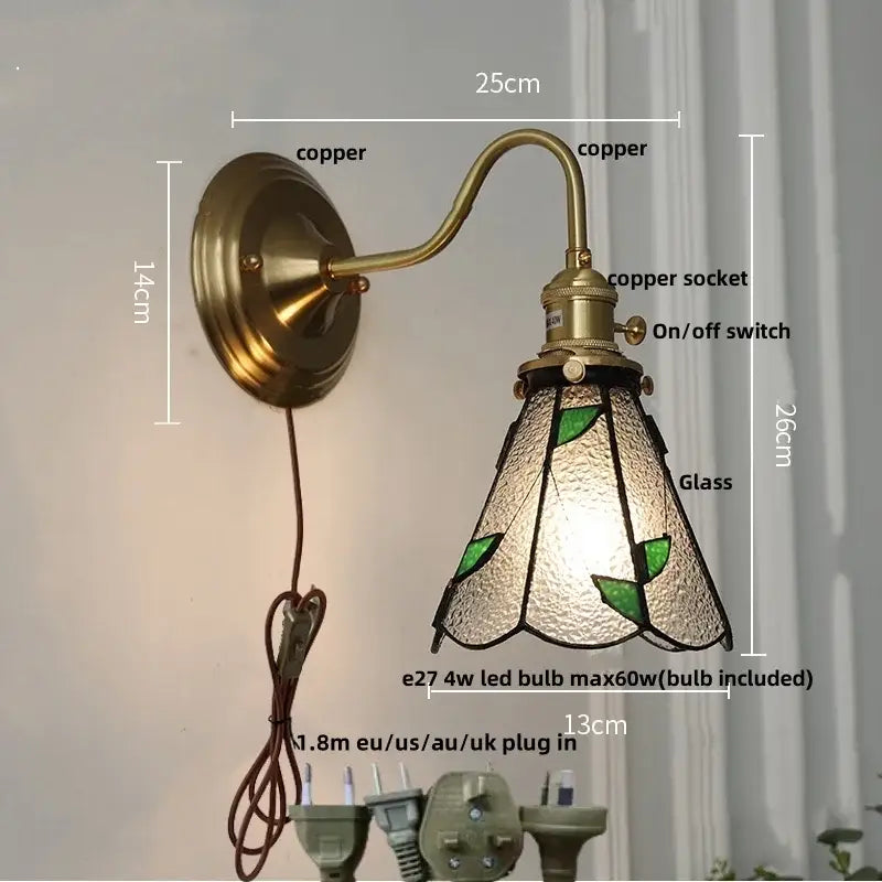 Vintage brass tulip cube led wall lamp with stained glass shade featuring green leaf motifs and frosted glass decorbites cube led