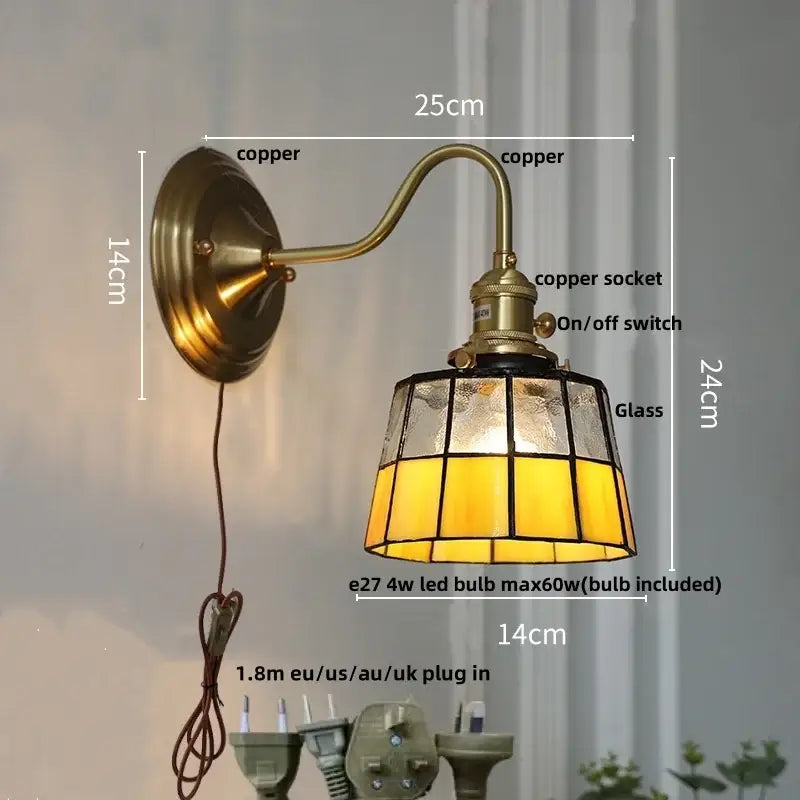 Antique-style copper wall lamp with stained glass yellow and clear panels for decorbites cube led wall lighting