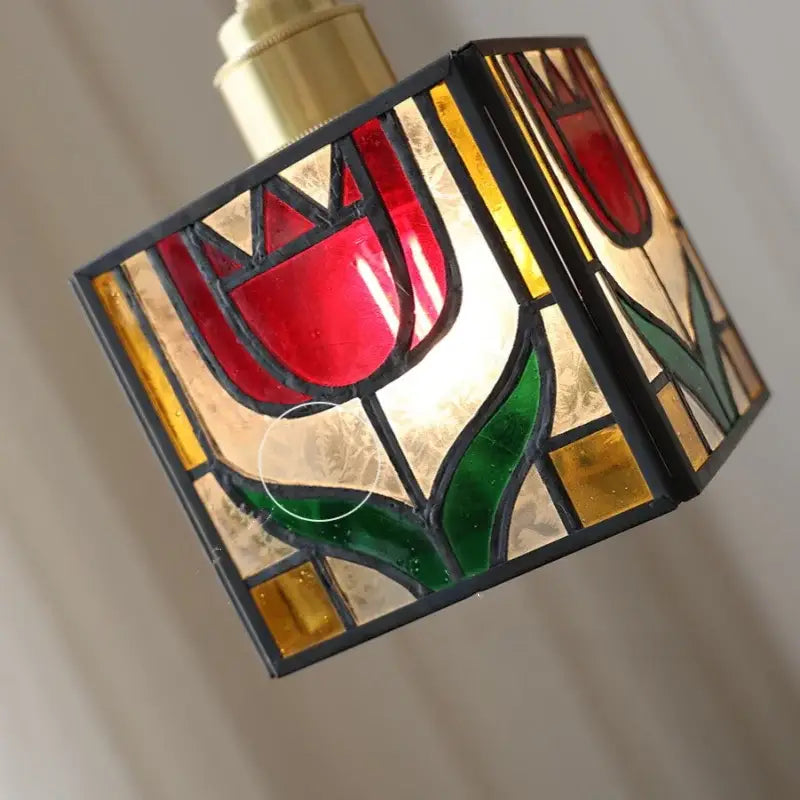 Vintage brass tulip cube led wall lamp with stained glass pendant featuring red tulip decorbites cube led wall decor