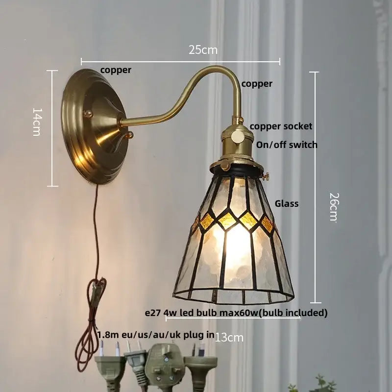 Vintage brass tulip cube led wall lamp with antique copper sconce and amber geometric stained glass shade decorbites cube led