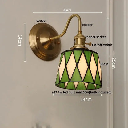 Vintage brass tulip cube led wall lamp with green and cream stained glass and copper hardware for living room decorbites cube led