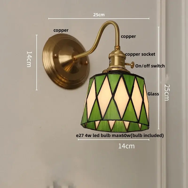 Vintage brass tulip cube led wall lamp with green and cream stained glass and copper hardware for living room decorbites cube led