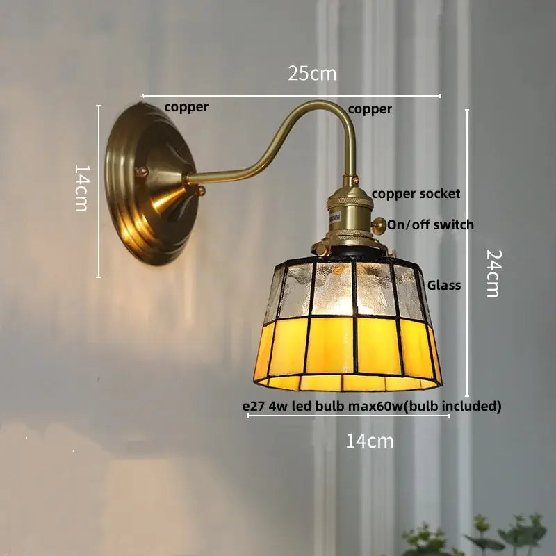 Vintage brass tulip cube led wall lamp with copper stained glass sconce featuring amber and clear panels for decorbites cube led cube led wall
