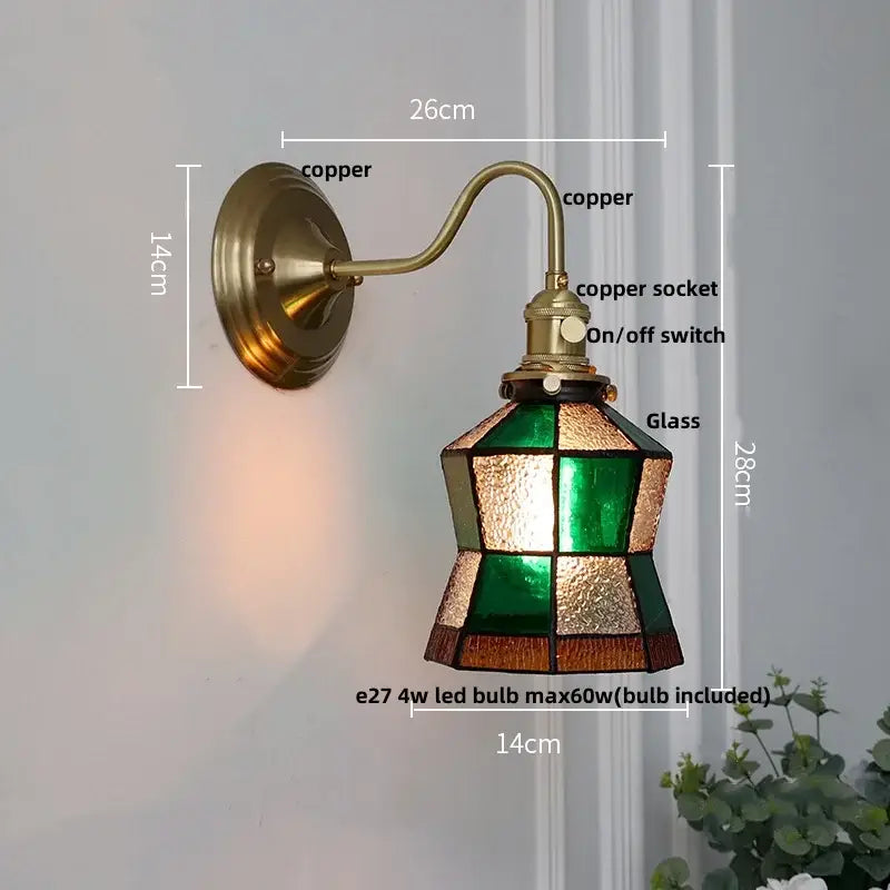 Vintage brass tulip cube led wall lamp with a copper geometric stained glass shade in emerald and amber tones decorbites cube led