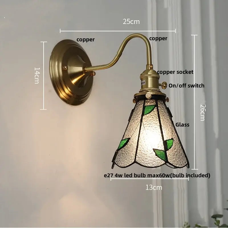 Vintage brass tulip cube led wall lamp with copper sconce and textured glass shade featuring green leaf motifs for decorbites cube led wall