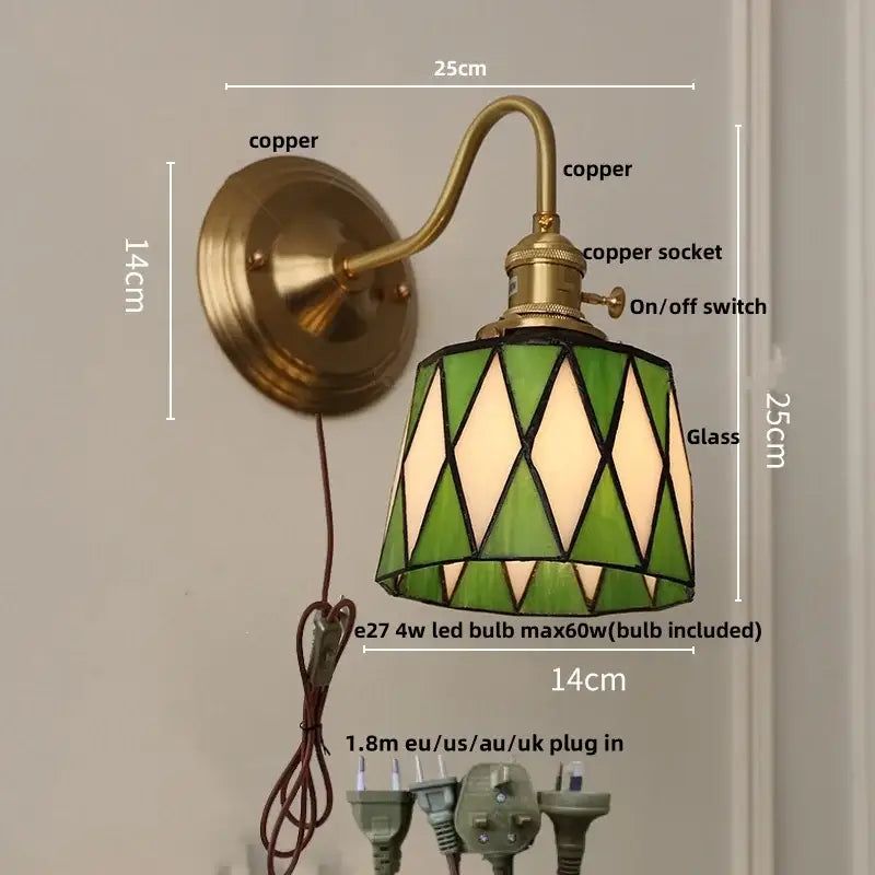 Vintage brass tulip cube led wall lamp with a green and cream stained glass shade for living room decorbites cube led wall use
