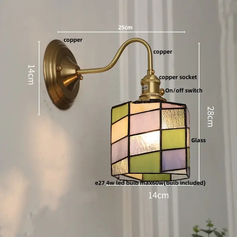 Vintage brass tulip cube led wall lamp with a copper stained glass shade in pastel green pink and yellow decorbites cube led