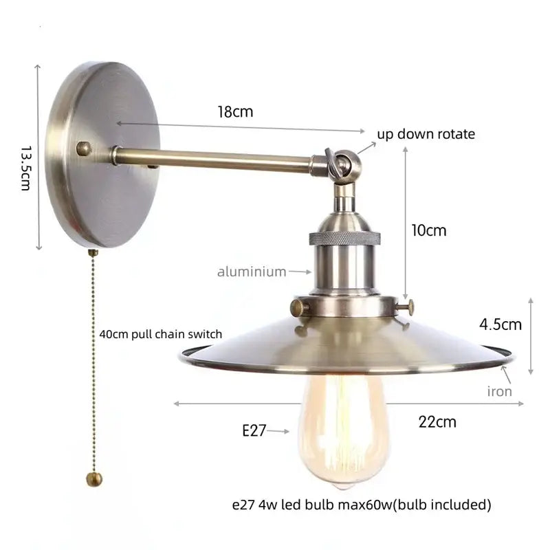 Industrial-style vintage brass wall lamp with adjustable arm and iron shade in decorbites gold vintage iron finish for bedroom
