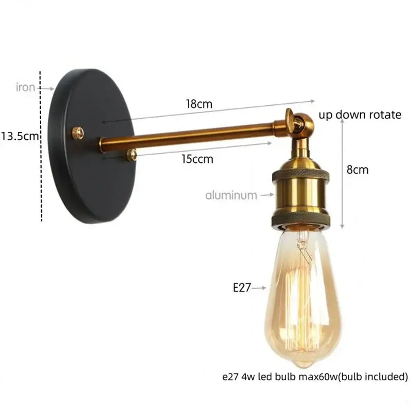 Vintage brass wall lamp with pull chain featuring brass-finished aluminum arm and gold vintage iron decorbites style
