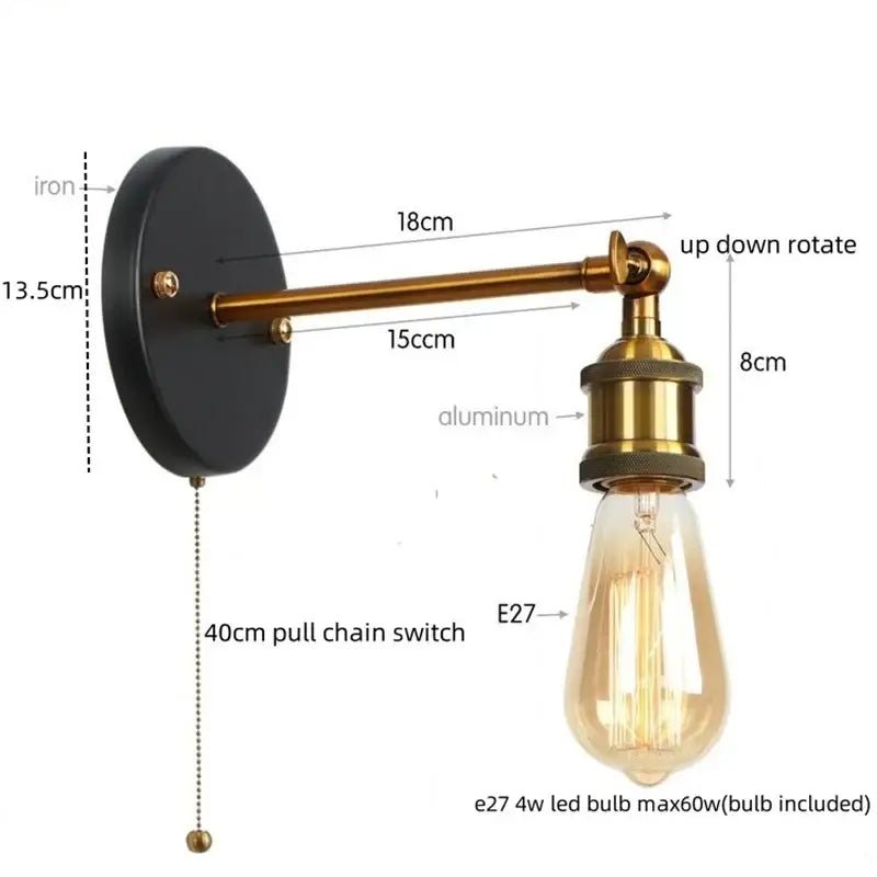 Vintage brass wall lamp with pull chain featuring black iron backplate and gold vintage iron arm for wall lamp decorbites gold vintage