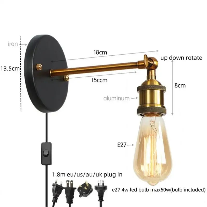 Vintage brass wall lamp with pull chain featuring a black iron backplate and gold vintage iron arm for bedroom wall lamp decorbites gold vintage